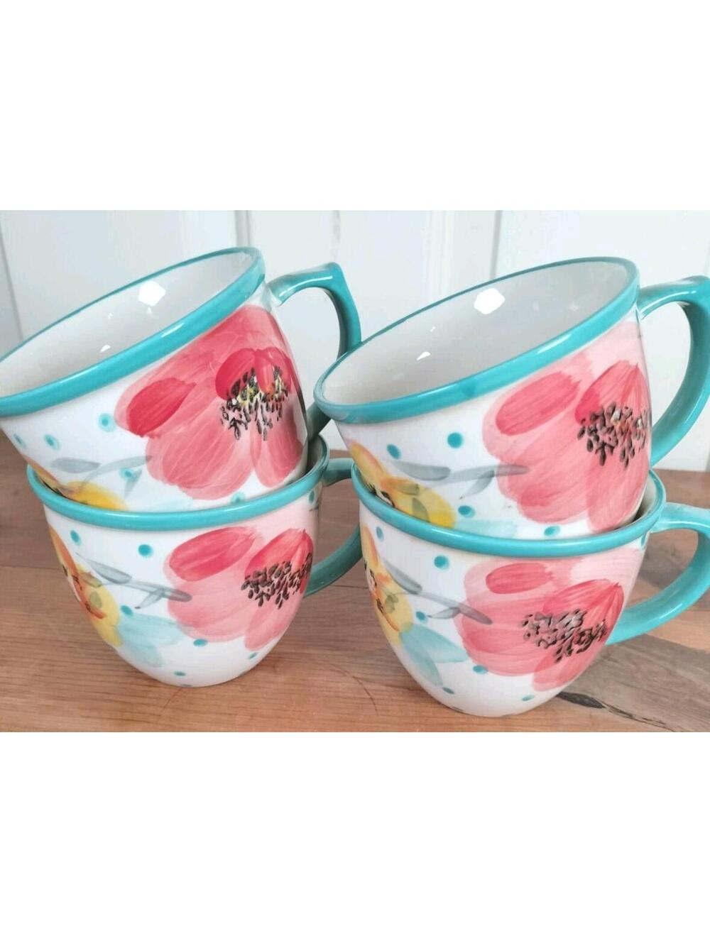 The Pioneer Woman Heritage Floral Mugs Set of 4 Stoneware Teal Polka Dot 18oz - Picture 7 of 7
